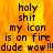 Pixelated text on a fiery orange-yellow background with black lettering reading 'holy shit my icon is on fire dude wow!!!' in two identical