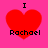 Four identical red heart icons with black text "I" above and "Rachael" below, displayed on a bright pink background.