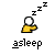 Pixelated yellow watering can with black outline and white interior, three 'Z' symbols above, and 'asleep' text below on white background.