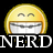 Pixelated yellow emoji face with closed eyes and wide grin above bold white text reading 'NERD' on black background.