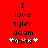 Red background with black text reading "I love tyler adam" and white pixelated flowers around the word "white", where one flower's center is pink.