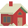 Two side-by-side pixel-art houses with snow-covered roofs, red chimneys, and green roof trim; left house has dark windows while right house shows glowing orange interior light.