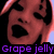 Pixelated close-up of a person with light brown hair and open mouth against dark background, purple text 'Grape jelly' at bottom.