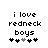 Pixelated text reads 'i love redneck boys' with five heart symbols below, two of which are grayed out in the first frame and black in the second frame.