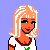 Pixel-art cartoon doll with blonde hair, green eyes, and orange skin wears white shirt with green symbol, pink skirt, and black shoes against light purple background.