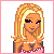 Pixel art contact sheet showing a blonde female character in various poses and text frames with pink pixelated lettering.