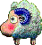 Pixelated cartoon sheep with blue wool, pink cheeks, and greenish-gray body, shown in two expressions against gray background.