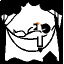 Black-and-white animated icon shows a stylized figure lying on a crescent moon with an orange dot above, transitioning between two poses.