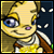 Pixelated character with large blue eyes, yellow hair, and a brown shoulder strap smiles against dark background.