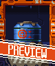 Pixel art of a blue cylindrical container with orange targeting reticle symbols inside an orange frame, overlaid by red and white "PREVIEW" text banners.