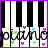 piano keyboard with repeating text and colored symbols, bordered by purple, cyan, green, yellow, and gray frames