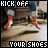 A pixelated animation of a person's lower body in motion, with text overlays reading 'KICK OFF' and 'YOUR SHOES' on a blurred background.