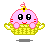 Pixel art animation of a pink round character in a yellow basket with changing facial expressions across four frames.