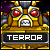 A pixelated animated icon shows a golden mechanical face with red eyes and a skull mouth, displaying the word TERROR in red and white text, followed by an explosion animation.
