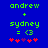 Green text 'andrew + sydney = <3' on blue background with red and purple asterisks below, two identical frames side-by-side.