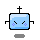Pixelated blue rectangular figure with black cross on top, two arms, and purple flower-like eyes; left side shows closed eyes while right side displays open eyes.