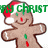 Pixelated gingerbread man with brown outline, red nose, green and red decorations, wearing Santa hat with red pom-pom, standing against white background.
