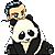 Pixel art animation of a character with blue hair holding a panda, showing sequential facial expressions and head movements