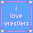 A 4x3 contact sheet of an animated icon showing sequential frames with text "i love wrestlers" on a blue background, bordered by pink lines and yellow stars, where the word "love" alternates between white and red in different frames.