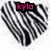 Heart-shaped icon with black and white diagonal stripes, featuring pink text labels 'kylo', 'marie', and '<3!!' in different positions.