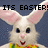 Pixelated bunny mascot with pink ears and nose, wearing a colorful striped shirt against dark blue background.
