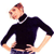 Pixelated figure in dark turtleneck sweater with hands on hips, head turned left, light skin tone, brown hair, white collar detail, blue pants, static image.