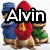 Pixelated image of three cartoon characters with bold text "Alvin" overlaid, featuring blue, red, and green clothing elements on a white background.