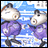 A 48x48 pixel animated buddy icon featuring two cartoonish characters in purple outfits against a blue background, with