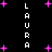 Black background with vertical white text 'LAURA' repeated on both sides, scattered pink plus signs, and small purple dots.