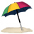 Pixelated beach umbrella with segmented rainbow colors on canopy, black pole, and sandy base against white background.