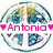 Pixelated circular icon with blue and green abstract shapes forming a globe-like pattern, pink text reading 'Antonia' with heart symbols on both sides.