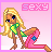 Pixel art contact sheet of four animated frames showing a blonde woman in green top and pink pants posing with one knee up, each frame labeled "sexy" on pink background.