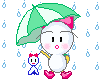 Pixel art character with white face, pink cheeks, and green-and-white striped umbrella holding small blue-and-pink figure in rain.