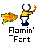 Pixelated character in yellow shirt and blue pants holds orange flame, with fish-shaped flame prop; text 'Flamin' Fart' below.