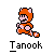 Pixel art character in orange raccoon suit with pink accents, running pose on gray background, text "Tanook" below.