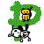 Green pixelated letter P with yellow robot inside, black-and-white dog-like character in four distinct poses around it.