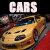 Four- of yellow race cars on red carpet with black background, each displaying a single word in white text above the car