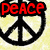 Animated icon featuring a peace symbol with changing text colors across frames.