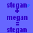Blue background with purple text displaying 'stegan' and 'megan' in pixelated font, featuring a female symbol between them; some frames show blue particle effects near the top-right of 'stegan'.