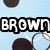 Light blue background with dark brown circular shapes and white line details; text elements 'BROWN', 'AND', 'BLUE' appear in bold black-outlined white letters.