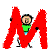 Four of a cartoon character climbing a large red letter M, each frame showing a distinct pose with the character's limbs and facial expression changing across the sequence