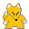 A 6-frame animated contact sheet of a yellow fox-like cartoon character with white-tipped ears and tail, black eyes and nose, performing various poses against a gray background.