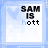 A 4-frame animated contact sheet showing a pixelated text-based icon with 'SAM IS hott' text on a light blue background, where the letter 't' in 'hott' alternates between black and light blue across frames.