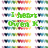 pixelated green text phrases on a white background with rainbow-colored borders, each phrase in a distinct