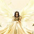 A pixelated figure with brown hair and a light-colored dress stands against a bright, blurred background with yellow and white tones.