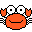 Pixelated orange crab with white eyes and black pupils, smiling face, four legs on each side, gray background.