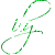 Green pixelated cursive script forms three distinct letter-like shapes on white background with gray rectangle in bottom-right corner.