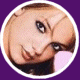Two circular portraits on purple background; left shows partial face with dark hair and light skin, right shows full smiling face with blonde hair.