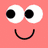 Pixelated pink square face with large white eyes and black pupils, smiling on coral background.