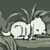 Animated sequence of white rabbits on a dark green background, showing movement from crouched to standing positions with tail raised.